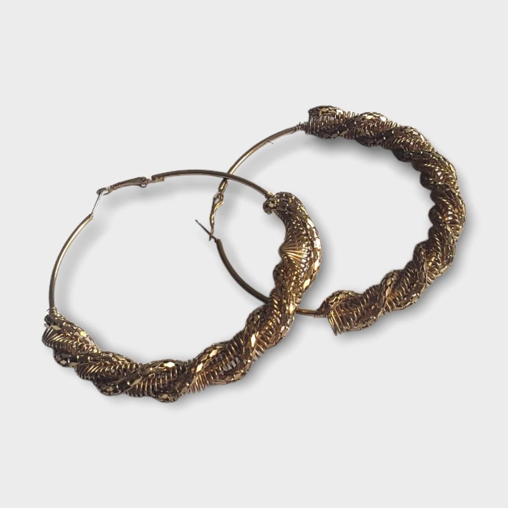 Gold Tone Hoop Earrings Braided Twist Wire Wrapped